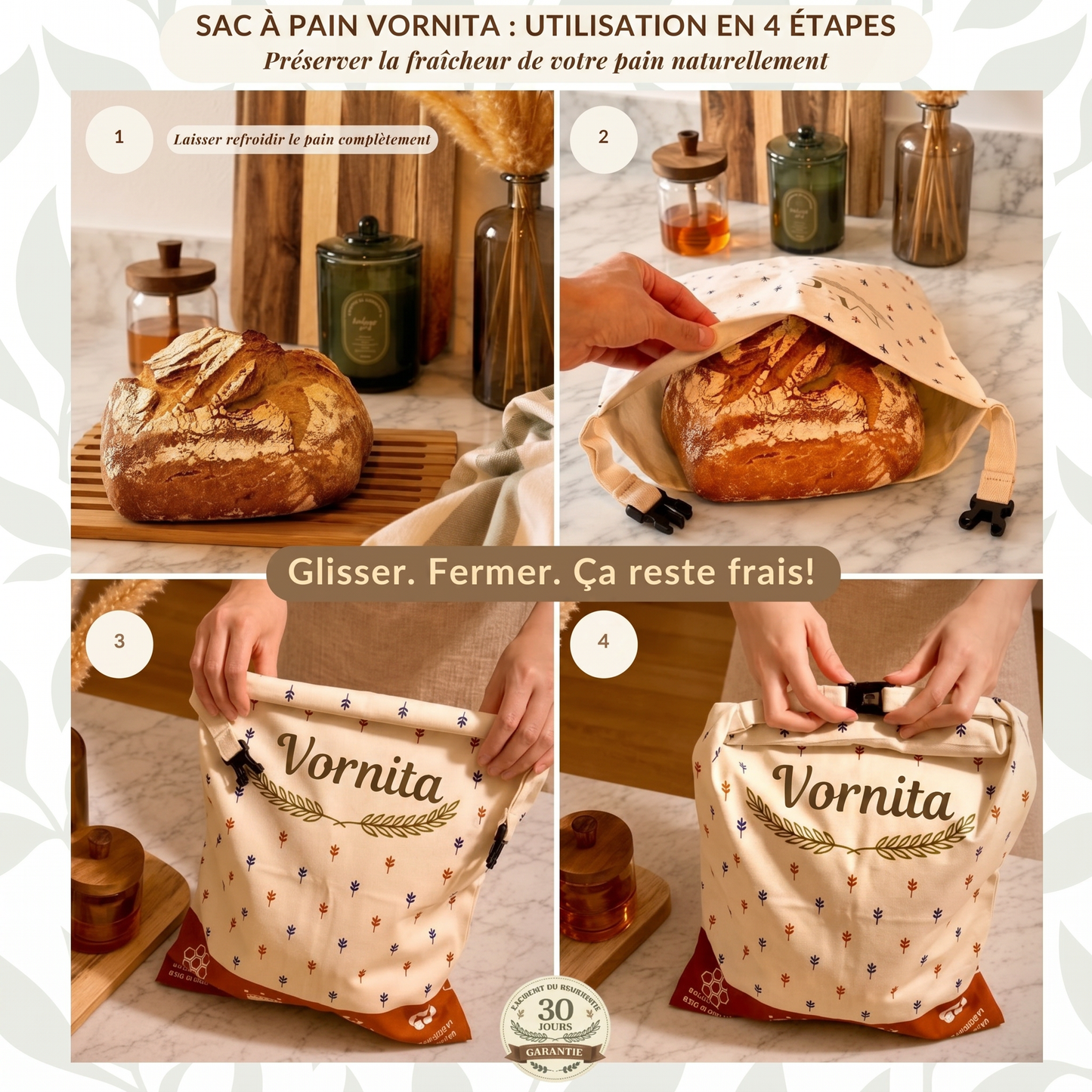 Vornita Sacs à pain premium 100 % coton et cire d’abeille