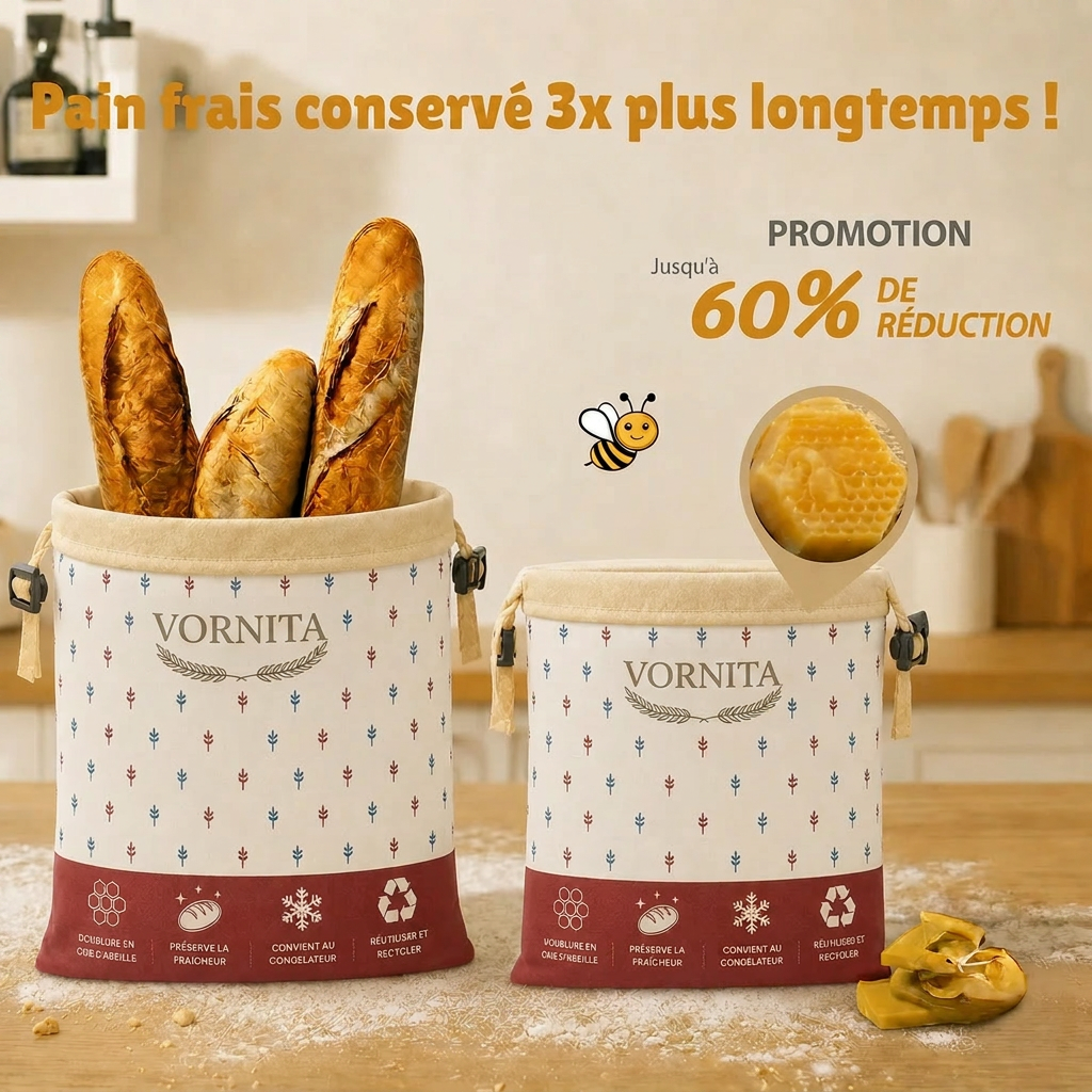 Vornita Sacs à pain premium 100 % coton et cire d’abeille